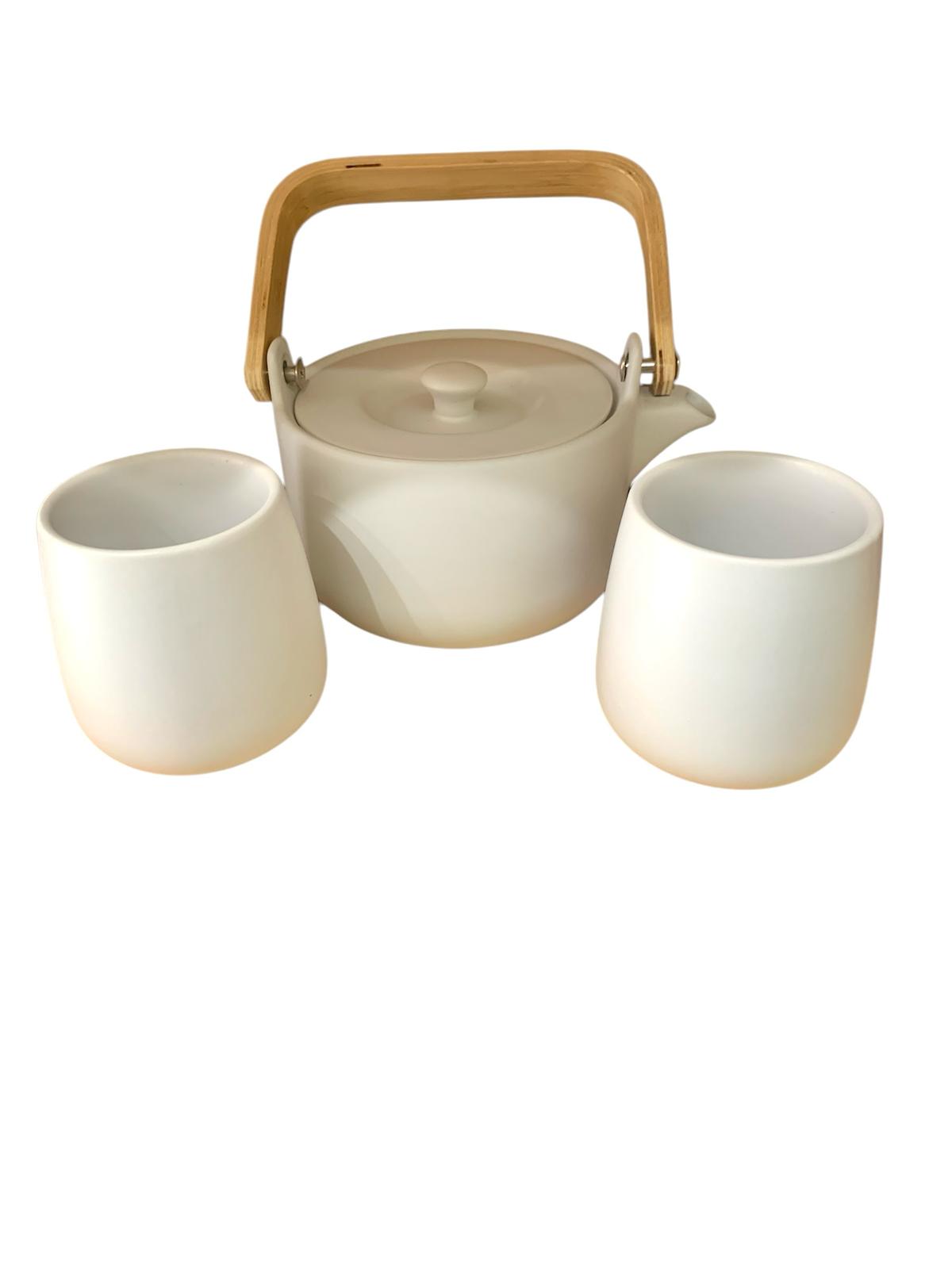 JUEGO DE TETERA Y VASOS DE CERÁMICA Y ASAS DE BAMBÚ